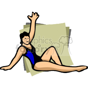 The clipart image depicts a woman engaging in a physical activity. She appears to be exercising, possibly doing a form of gymnastics or aerobics. The woman is wearing a workout outfit and has her arm extended upwards, which suggests she might be in the middle of a movement or stretching.