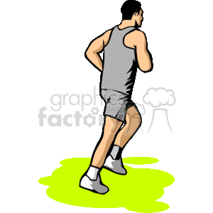 The clipart image features a male figure in the act of running. He is shown in profile, facing to the left of the view. The man is dressed in athletic clothing: a sleeveless tank top, shorts, socks, and running shoes. His arms are bent at the elbows and he appears to be in midstride, which suggests movement. There's a green abstract shape beneath his feet that may represent the ground or a running track.