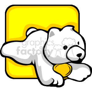 The clipart image features a cartoon-style representation of a plush polar bear toy. The bear is white with grey shading and is illustrated in a playful pose with a soft, rounded form, lying on its stomach with paws extended. Its face is simplified with minimal features; it has a small, round black nose and black dot eyes. The background of the clipart is a plain, yellow square which contrasts with the white bear, making the toy stand out.