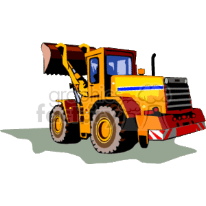 The clipart image depicts a colorful front-end loader, which is a type of heavy construction equipment. The loader has a prominent bucket at the front, which is raised, and the machine is shown from a side angle to highlight the bucket and the cab.