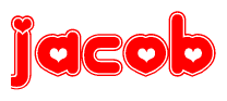 The image is a red and white graphic with the word Jacob written in a decorative script. Each letter in  is contained within its own outlined bubble-like shape. Inside each letter, there is a white heart symbol.