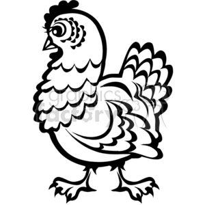 The image depicts a stylized clipart of a chicken. The chicken has prominent features such as a curved beak, a crest of feathers on its head, large eyes with detailed patterning, and a full, ruffled body with feather details. The style is simple and bold, using black outlines without any shading or color, which is typical of clipart.