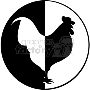 The clipart image displays a stylized representation of a chicken with a clear division down the center, creating a symmetrical design contained within a circular frame. The left side of the chicken is depicted in white on a black background, while the right side is black on a white background, producing a yin-yang effect.
