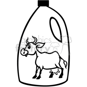 The clipart image depicts a plastic milk bottle that is designed to be vinyl-ready for printing or design applications. The milk bottle features a simplistic cartoon representation of a cow on its surface, emphasizing the dairy origin of the milk content. This visual element is a common marketing strategy to associate milk products with freshness and wholesomeness of farm animals. The image is in black and white, which allows for easy adaptation and color customization.