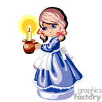 The image is a clipart of a young girl in historical, possibly Victorian-style clothing, holding a candle in a candle holder. She has blonde hair, is wearing a blue dress with white apron and sleeves, and has red bows in her hair.