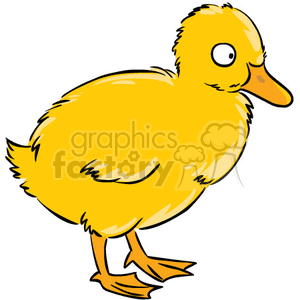 The image depicts a cute clipart of a yellow baby duckling. It has a fluffy appearance, with a bright yellow body, an orange beak and feet, and a happy expression on its face.