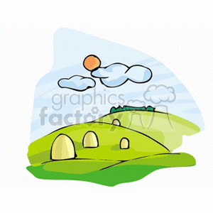 The clipart image depicts a simplistic rural farm scene. It shows rolling green hills with straw hay bales scattered across the fields. Above the hills, there is a blue sky with fluffy white clouds, and a bright yellow sun partially shown in the top left corner.