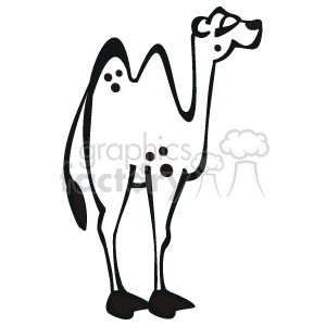 The image is a sketch of a camel with black spots. The camel has a small head, long neck, and large body with two humps. The camel has two ears and a long snout, with a black nose