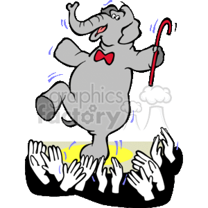 The clipart image shows a cartoon elephant dancing joyfully in front of clapping hands. It has a red cane and a bow-tie on