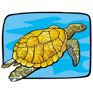 This image is a colorful clipart illustration of a sea turtle. The turtle has a yellow and brown shell, grey limbs, and a brownish head with a calm expression. It is swimming in blue water, which is presumably representing the ocean.