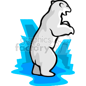 This is a clipart image of a polar bear standing upright on its back legs. The bear is drawn in a stylized manner with sharp lines and curves that depict its white fur. Behind the bear are stylized icy blue shapes that suggest an Arctic setting, and there is a blue area at the bear's feet, which could represent water or ice. The bear's expression is somewhat fierce or animated, with its mouth open.