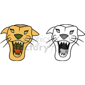 This clipart image features two cartoon-style drawings of lion heads. On the left is a colored depiction of a lion with a tan face, displaying an aggressive expression with bared teeth and furrowed brows. On the right is a monochrome (black and white) version of a similarly styled lion, also showing an aggressive demeanor with its mouth open in a roar or snarl.