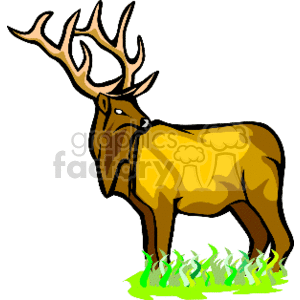 The clipart image shows a stylized depiction of a deer-like animal, possibly intended to represent an elk, due to the large antlers. The animal is standing on a patch of green, which could be interpreted as grass. The style is cartoonish, with bold outlines and bright colors.