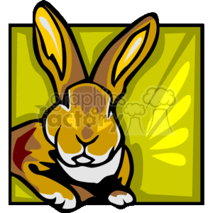 The image is a stylized clipart of a rabbit. It features a cartoon depiction of a bunny with prominent long ears, and it's set against a greenish-yellow background with what looks like sunbeam patterns emanating from the center. The rabbit has a combination of brown, white, and black colors and appears to be looking forward with a calm expression. This kind of graphic might be used for various purposes, including Easter-related content, children's material, or animal-themed designs.