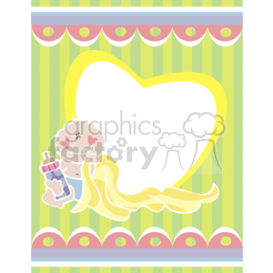 The image is a colorful clipart featuring a frame or border design with a central heart-shaped space which could be used for inserting text or other images. The frame pattern includes green and yellow vertical stripes and a scalloped edge with pink and blue accents at the top and bottom. At the bottom-left corner, there is a stylized image of a baby holding a bottle and seemingly contemplating or sucking on their finger. The figure has a diaper, small swirls of hair on the head, and hearts on the cheeks. The baby is adjoined to the frame by a pale yellow ribbon motif. The overall design is playful and sweet, making it suitable for baby-related themes such as baby shower invitations, birth announcements, or other baby-centric stationery or decorations.