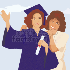 The clipart image depicts two individuals who appear to be celebrating a graduation event. One character is wearing a blue graduation gown and cap, proudly holding a diploma with a red ribbon. They are also waving, presumably in a gesture of joy or to acknowledge someone. The other character is embracing the graduate from behind with a proud and happy expression, reinforcing the sense of accomplishment and familial support. The background features a subdued depiction of the sky, suggesting an open-air event, typical of graduations.