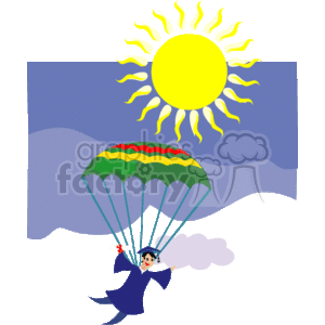 The clipart image depicts a joyful graduation scene. It features a figure in a graduation cap and gown, descending from the sky with a parachute. The parachute has multiple colors (green, red, and yellow). The graduate is holding a diploma in one hand. In the background, there is a large, stylized sun with rays extending outward, and below the sun are stylized blue sky and white clouds. The overall tone of the image is celebratory and optimistic, representing the accomplishment of completing an educational program and the bright future that awaits.