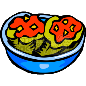 This clipart image features a bowl of healthy food that contains two stuffed peppers. The peppers are green, and are filled with a red filling. They are placed in a blue bowl.