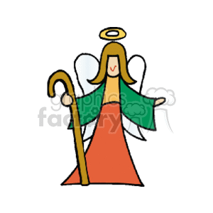 The clipart image depicts a stylized Christmas angel. The angel is illustrated with a halo above its head, wings on its back, and is holding what appears to be a shepherd's crook. The angel is dressed in a long red gown with green sleeves, suggesting a holiday theme.