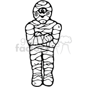 This clipart image presents a stylized representation of a mummy, which is traditionally associated with Halloween due to its spooky nature. The mummy is depicted as a humanoid figure wrapped in bandages, with some areas shaded to give the illustration depth and a sense of the bandages wrapping around the figure's body. The image captures the essence of Halloween themes involving scary monsters and the undead.