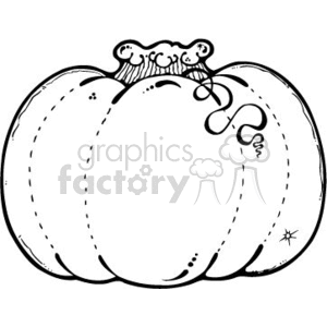The image is a black and white line drawing of a pumpkin. It shows the contours and texture lines of the pumpkin, along with the stem and a curly vine.