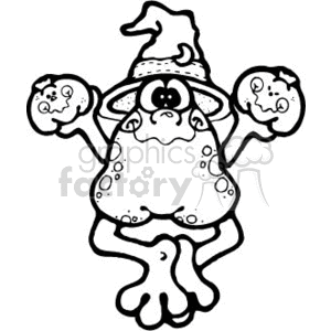 The clipart image depicts a cartoon frog with typical Halloween elements. The frog is standing upright and has a surprised or scared expression on its face. It wears a witch's hat on its head and is holding small pumpkins in each hand, which also seem to have startled or scared expressions.