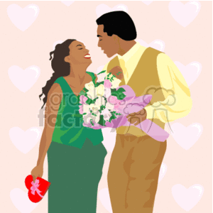 The clipart image depicts an African-American couple celebrating Valentine's Day. The woman is holding a heart-shaped gift and smiling up at the man, who is holding a bouquet of pink and white flowers, seemingly about to give her a hug or a kiss. The couple appears happy and affectionate. The background is filled with hearts, emphasizing the romantic nature of the occasion.