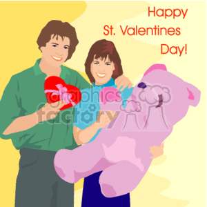 The clipart image shows a couple celebrating Valentine's Day. The man is holding a heart-shaped box, likely containing chocolates, and the woman is hugging a large purple teddy bear. They both appear happy and are smiling. The background includes stylized hearts, and there's text that reads Happy St. Valentines Day!