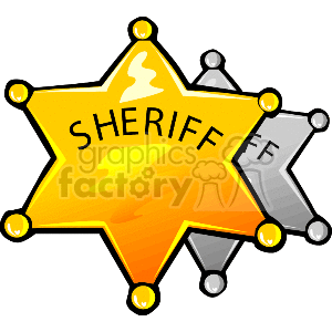 This is a clipart image of a classic six-pointed, star-shaped sheriff badge with the word SHERIFF prominently displayed in the center. The badge is predominantly golden yellow, with a metallic sheen and highlights that give it a three-dimensional appearance. The tips of the star are banded with a lighter yellow, while the background shadow is in shades of gray, adding to the depth of the image.