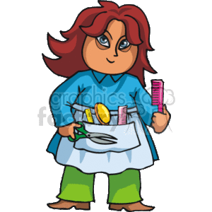 The clipart image depicts a cartoon of a female hairstylist or hairdresser. She has red hair and is wearing a blue top with a white apron over green trousers. The stylist holds a comb in one hand and a pair of scissors in the other. Her apron pockets are filled with various hairdressing tools, such as brushes and combs, which signify her occupation. She has a confident expression, suggesting she is skilled at her job.