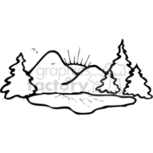 The clipart image depicts a stylized wilderness scene with a country or rustic feel. It features a mountain range with the sun rising (or setting) behind the peaks, creating a backdrop for the scene. In the foreground, there are several coniferous trees, possibly pines, typically found in mountainous regions. There is also a body of water, likely a calm lake, reflecting the mountains and trees. Above the mountains, there are a few birds in flight, suggesting a tranquil, serene environment commonly associated with a natural landscape.
