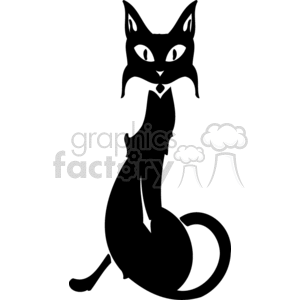 The clipart image shows a stylized silhouette of a cat with prominent, pointed ears and what appears to be a surprised or alert expression. The cat's tail curls artistically at the end, contributing to the overall decorative feel of the image. This vector graphic design is simple and has high contrast, making it suitable for vinyl cutting, signage, or use as a Halloween decoration.