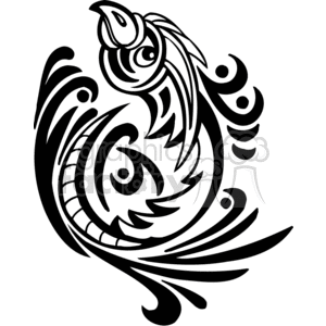 The image is a black-and-white vector graphic depicting a stylized phoenix in tribal tattoo design. It shows the mythical bird with prominent features such as wings, tail, and a plume on the head created using fluid lines and swirls to represent feathers. This design is likely used for tattoos, vinyl decals, or decorative purposes due to its intricate and bold stylization.