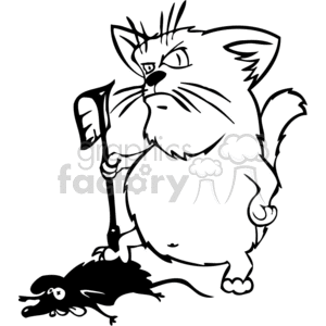 The clipart image features a stylized cartoon depiction of a cat standing upright and looking surprised, with a mouse lying on its back right in front of the cat. The cat is holding a small shovel or spade in a human-like pose, suggesting a humorous take on the cat being caught in the act of hunting or burying the mouse.