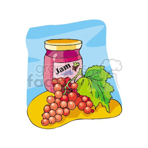 The clipart image depicts a jar of jam with a label on it, sitting next to a bunch of grapes with a green leaf, possibly indicating that the jam is grape-flavored. The grapes are clustered together with a vine or stem visible, and they look ripe and ready to be used in jam-making.