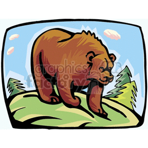 The clipart image features a stylized illustration of a brown bear, possibly resembling a grizzly bear. The bear is depicted on a small green mound or hill with a few trees in the background. The sky in the backdrop has clouds, suggesting an outdoor, wilderness scene.