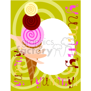 This is a stylized clipart image featuring a swirling, colorful background in various shades of green with abstract circle patterns. In the foreground, there's an illustration of a hand holding a tall ice cream cone with three scoops of ice cream, each in a different color—light beige, dark brown, and pink, with what appears to be a spiraling design. The scoops are stacked on top of each other. The word yummy is repeated in different sizes and orientations around the image in a playful, decorative font, suggesting that the ice cream is delicious. The overall design has a vibrant and fun feel, evoking the enjoyment of eating a sweet treat. There's a large, dark, oval-shaped space in the middle, likely intended for customization or to overlay additional text or images.