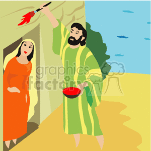 The clipart image depicts a scene related to the Jewish holiday of Passover. It shows two cartoon figures, a man and a woman, standing next to a doorway. The man is holding a bowl and applying what appears to be red paint (symbolizing the blood of the lamb) to the lintel of the door, a practice associated with the biblical story of Passover where the Israelites marked their doors so that the plague of the firstborn would pass over their homes. The woman is observing the man's action. The setting suggests an ancient environment, likely meant to evoke the time of the Passover story in Egypt, with a simplified desert landscape in the background.