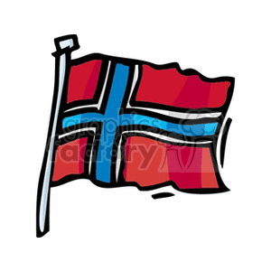 The image contains a stylized representation of the flag of Norway. It is depicted on a flagpole and is designed in a cartoonish, clipart style. The flag features a red background with a blue cross outlined in white.