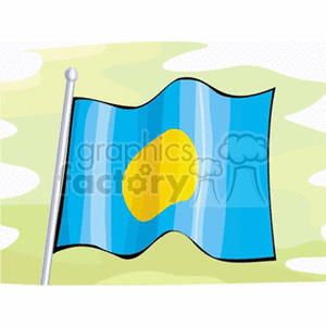 The clipart image features a stylized depiction of the flag of Palau. The flag is shown with a light blue background and a large yellow disk slightly off-center towards the hoist side, which represents the moon. The flag is fluttering, indicating movement, and is attached to a flagpole on the left.