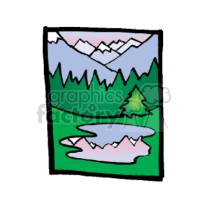The clipart image depicts a mountainous landscape with snow-capped peaks, a section with green hills or lower mountain areas, and a foreground featuring a green tree, suggesting a forest environment. There is a body of water, possibly a lake or a pond, with reflections of the white snow and blue sky, indicating serene nature scenery. The image portrays features associated with the Rocky Mountains during the summer season, where the weather is warm, and the lower elevations are free from snow, showing the diversity of the wilderness.