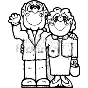 The clipart image depicts a cartoon-style illustration of an elderly couple smiling and waving. The grandfather is wearing a suit with a flower on the lapel, and the grandmother is dressed in a coat with a handbag, both sporting glasses and full heads of hair. Their friendly expressions and raised hands suggest they are greeting or bidding farewell.