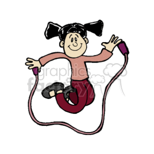 The image is a clipart illustration of a young girl with pigtails happily jumping rope. She is mid-jump with the rope above her feet and a smile on her face.