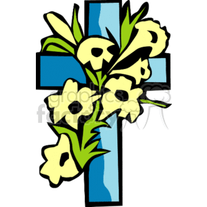This clipart image depicts a stylized blue cross adorned with yellow flowers, which are likely meant to represent blooms such as lilies. Lilies are commonly associated with religious symbolism. The cross and flowers suggest themes of spirituality, redemption, or resurrection, which can be tied to religious events like Ash Wednesday or Palm Sunday within Christian traditions.