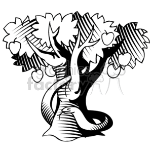 This clipart image features a tree with branches and leaves, adorned with several apple-like fruits, and a serpent coiled around the trunk. The depiction is reminiscent of the biblical story of the Garden of Eden, where a serpent tempts Eve with the fruit from the forbidden tree, often depicted as an apple tree.