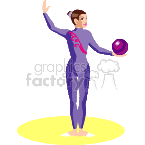 The clipart image shows a female gymnast performing rhythmic gymnastics with a ball. She is wearing a purple leotard with a decorative motif and has her hair tied neatly in a bun. She is standing on a yellow circular mat against a transparent background.