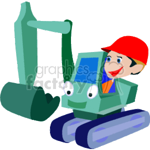This is a cartoon clipart image of a green excavator with a friendly, anthropomorphized face and blue tracks. A character wearing a red hard hat is depicted as the operator sitting inside the cab of the excavator.