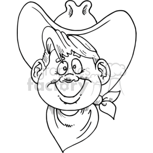 The clipart image depicts one western cowboy kid, a boy, dressed in traditional cowboy attire including hats, and bandanas. The image is in black and white, and it has a cartoonish style.
