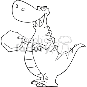 The clipart image depicts a cartoonish Tyrannosaurus Rex standing on its hind legs, holding a rock with a short arm, and sporting a cheeky grin. The dinosaur is drawn in a humorous style, with exaggerated features such as a large head, a long tail, and stubby arms. It's rendered in black and white line art.