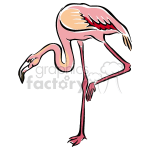 The image is a clipart illustration of a pink flamingo. The bird is depicted with characteristic long legs, a long neck, and a distinctive downward-bending beak.
